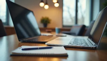 Eye-level view of a modern office desk with a laptop and notebook