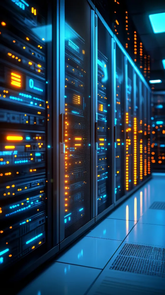 Server Racks with Colorful Blue Lights