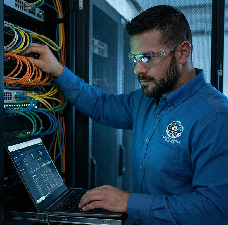 Technician working on a laptop in a server room
