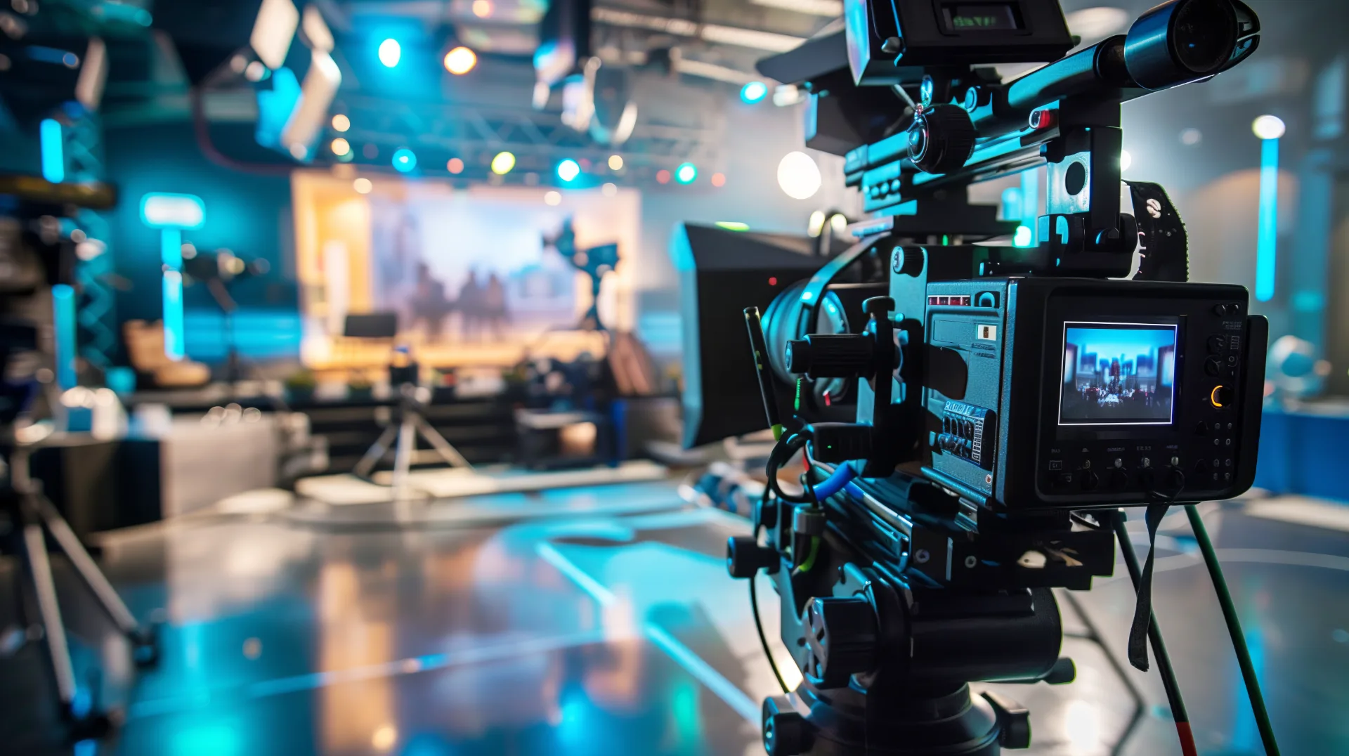 A television studio camera pointing to a stage