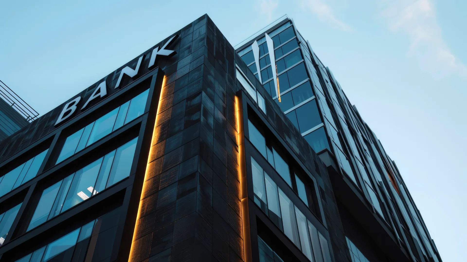 An outside view of a large bank office building