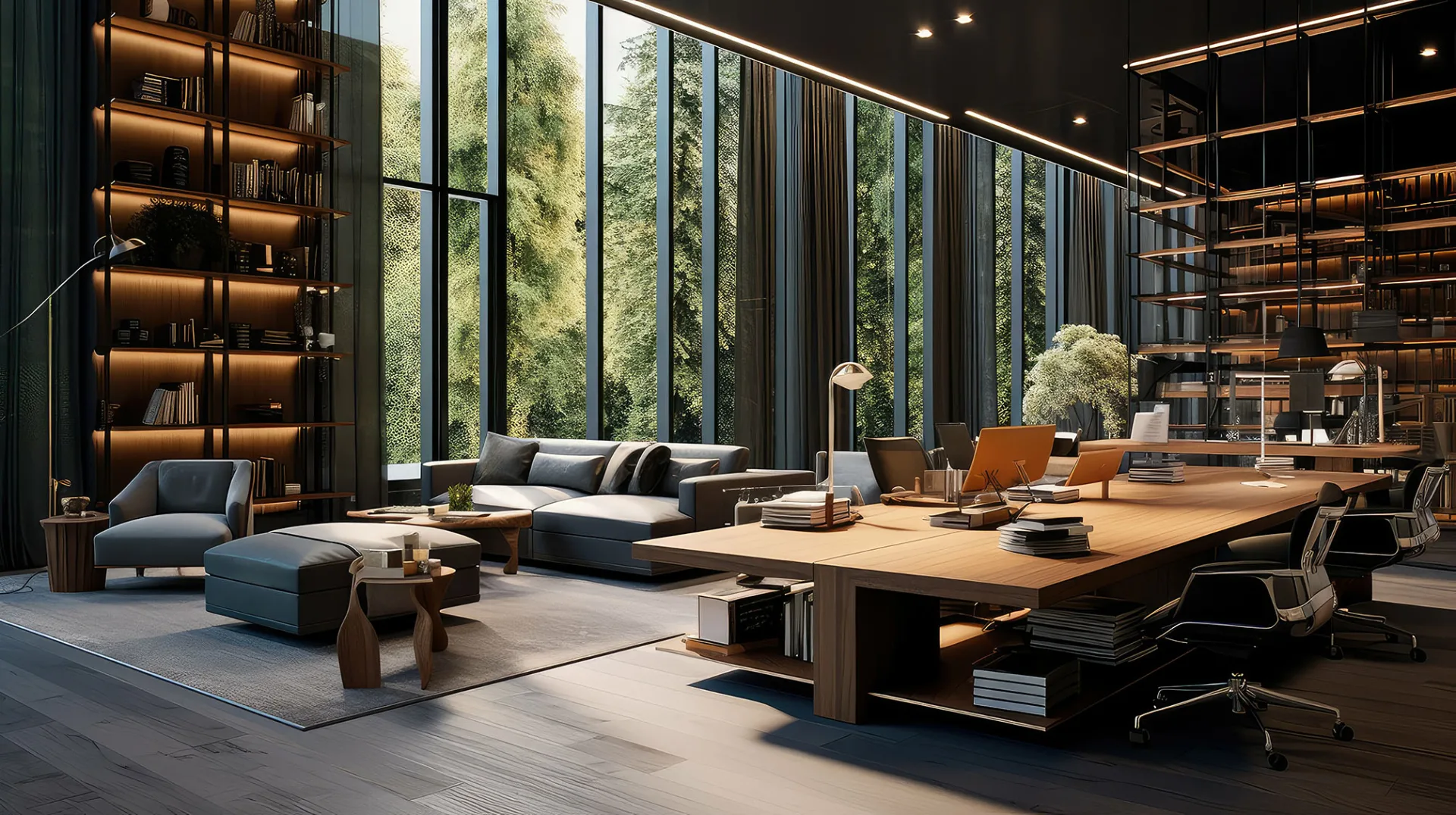 A large home office with multiple monitors