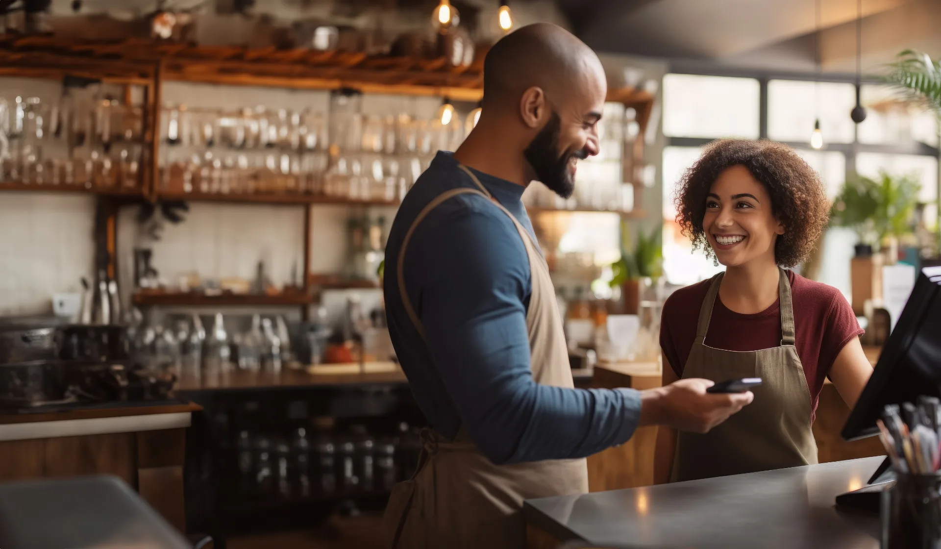 Two restaurant employees discussing the point-of-sale system