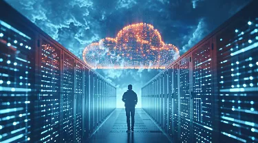 The silhouette of a man standing in a data center