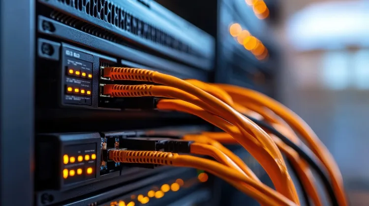 Many orange patch cables neatly plugged into a network switch